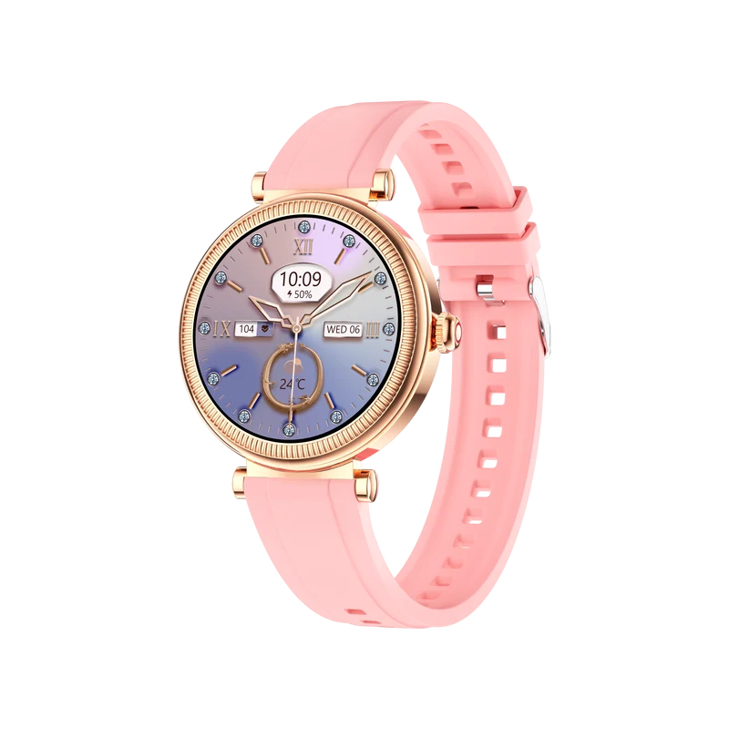 Montre connectée - Edition Platine- Couvercle en verre trempé 2.5D Coque en alliage de zinc + Bracelet en silicone couleur Rose