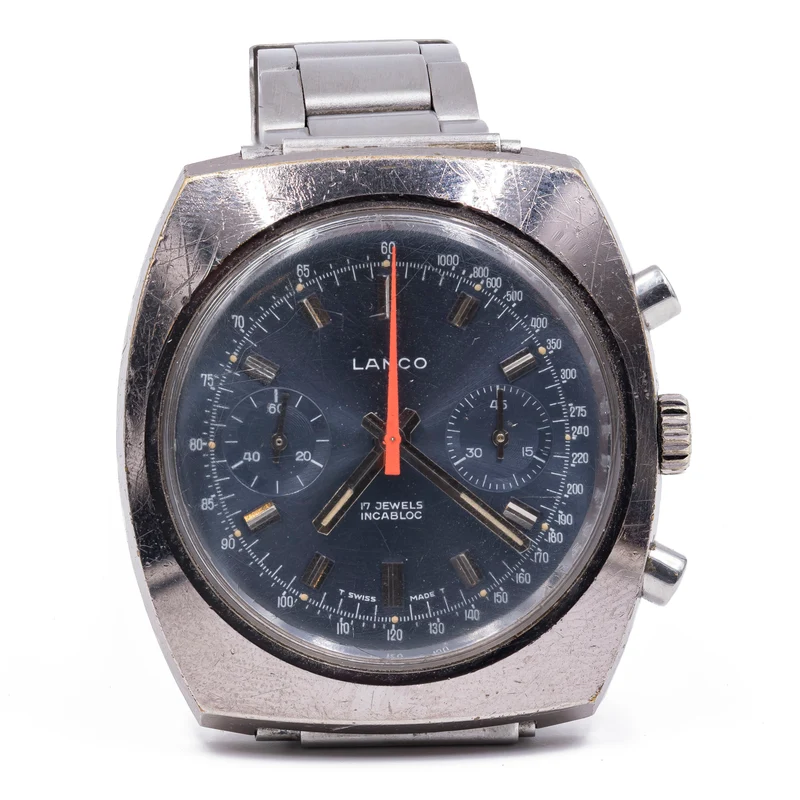 Chronographe manuel Lanco vintage en métal avec cadran bleu, 70