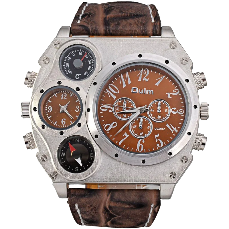 Oulm Analog Dark Brown Leather Strap Four Sub-dials Men Watch