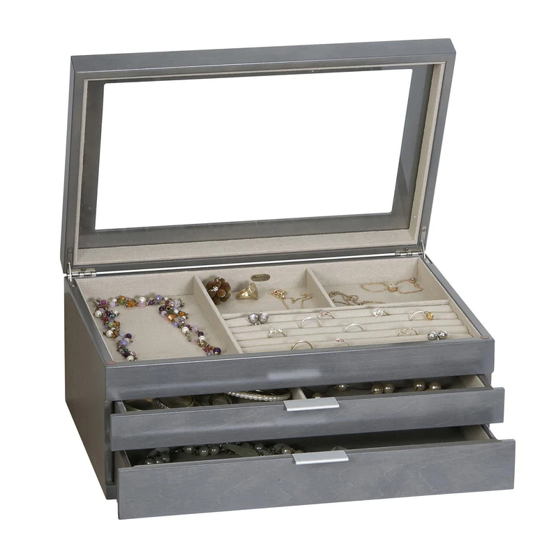 Misty Glass Top Wooden Jewelry Box in Oceanside Grey Finish