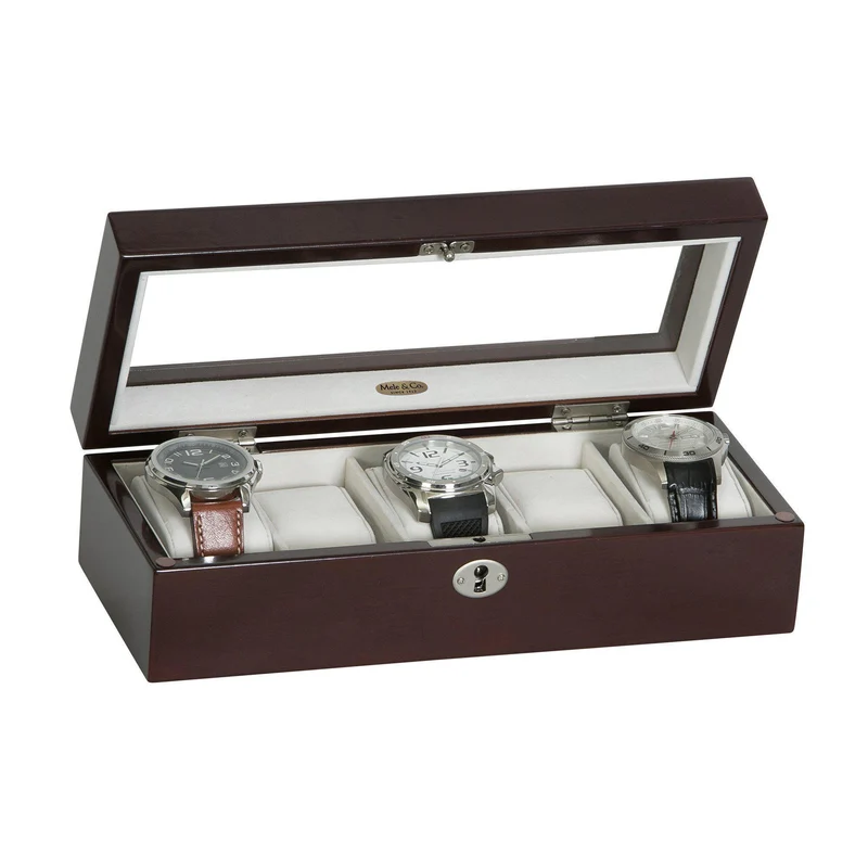 Macon Glass Top Wooden Watch Box in Mahogany Finish