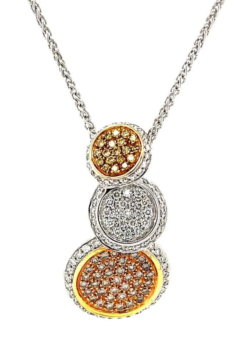 Pave Set Yellow White and Brown Diamond, White, Rose and Yellow Gold Necklace