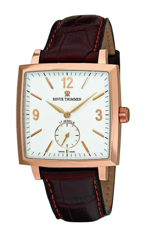 Revue Thommen SPECIALITIES CLASSICAL 82 CARRÉ CAMBRÉ Ref. 17085.3527-Black (Or 3522-White) 18 Karat Rose Gold-Leather / Black-Index-Arabic * SOLID GOLD