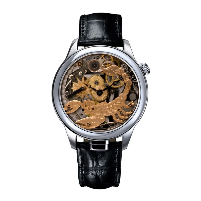 NIVREL Uhren - Répétition Squelette Scorpion Hand guilloched and skeletonized repeater watch with engraved scorpion.