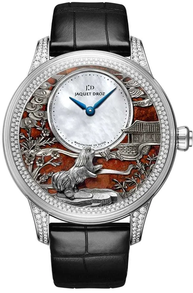 Jaquet Droz Petite Heure Minute Relief Dog White Gold Diamonds..Reference Number: J005024283