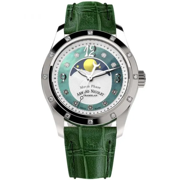 Armand Nicolet M03-3 Moon Phase Stainlees steel & Diamonds Ladies Watch, A151RAA-AV-P882VR8