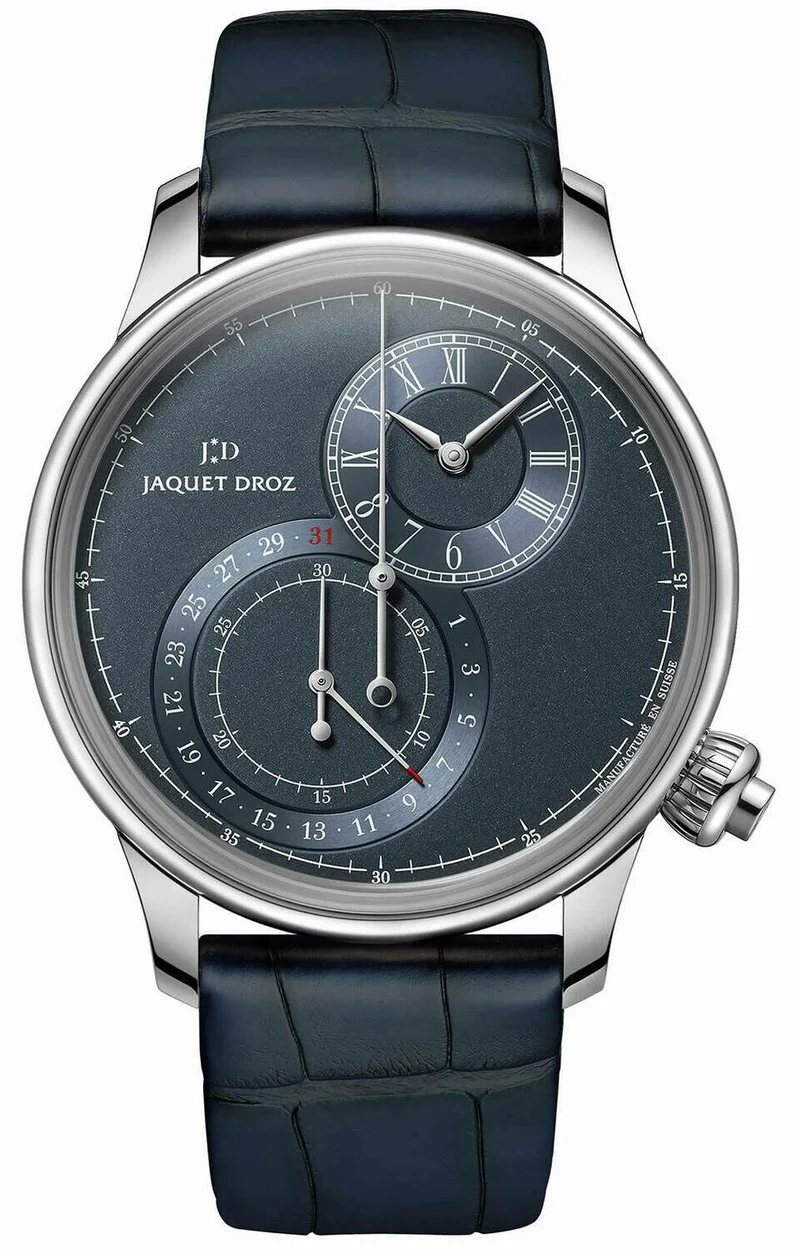 Jaquet Droz Grande Seconde Off-centered Chronograph Blue Double level blue dial sandblasted by hand with blue applied ring, circular satin-fi nished by hand