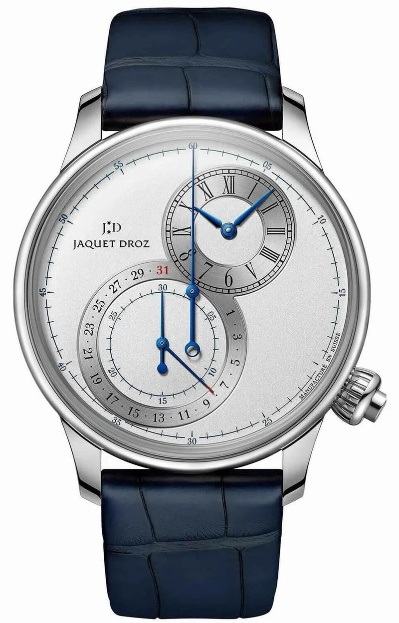 Jaquet Droz Grande Seconde Off-centered Chronograph Silver Double level silver dial sandblasted by hand with blue applied ring, circular satin-fi nished by hand
