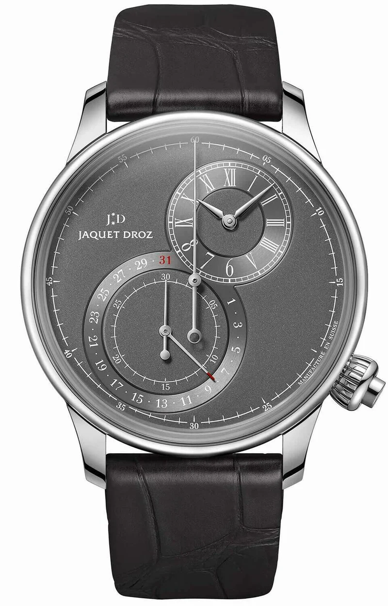 Jaquet Droz Grande Seconde Off-centered Chronograph Gray Double level gray dial sandblasted by hand with gray applied ring, circular satin-fi nished by hand.