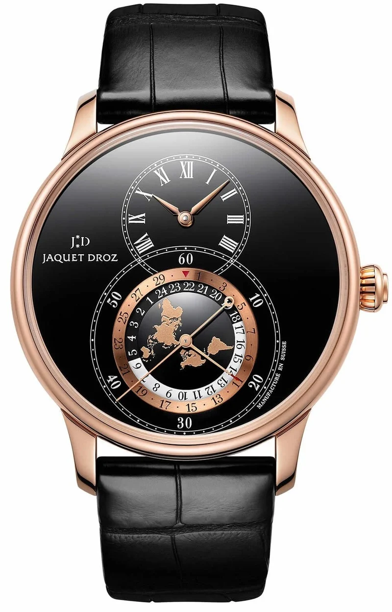 Jaquet Droz Grande Dual Time Black Enamel Black Grand Feu enamel dial with 18-karat red gold applied ring. 18-karat red gold case.