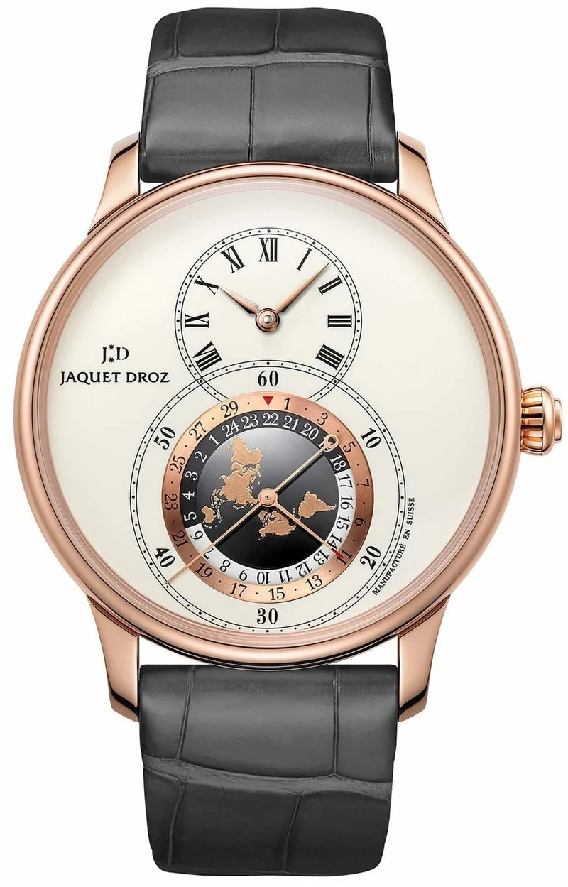 Jaquet Droz Grande Dual Time Ivory Enamel Ivory Grand Feu enamel dial with 18-karat red gold applied ring
