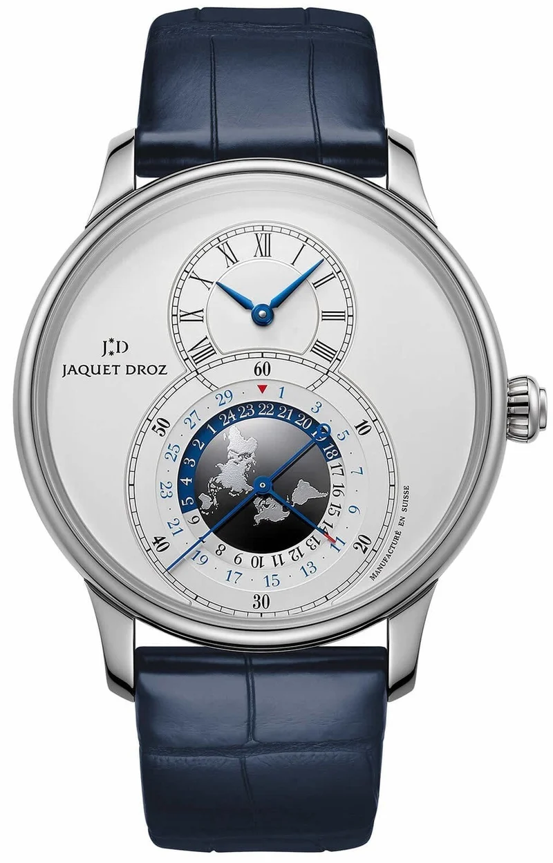 Jaquet Droz Grande Dual Time Silver Silver opaline dial. Stainless steel case. Local hours and minutes indicators at 12 o’clock.