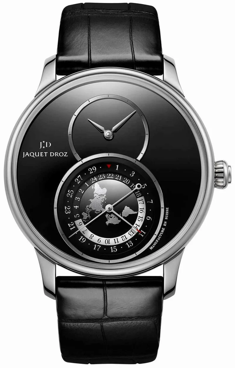 Jaquet Droz Grande Dual Time Onyx Black onyx dial, 18-karat white gold applied ring. Stainless steel cas
