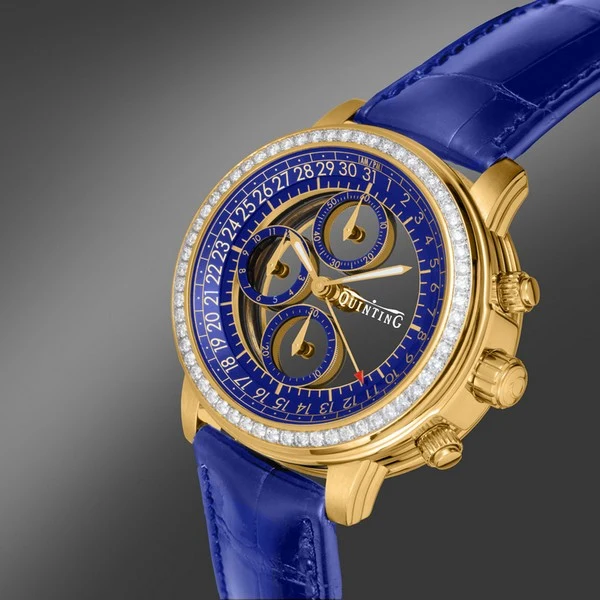 QUINTING Gold Mysterious Chronograph, 60 Diamonds, Leather Strap