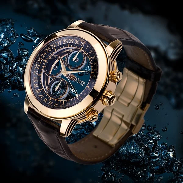 QUINTING Gold Mysterious Chronograph, (Yellow Pink or White Gold), Leather Strap