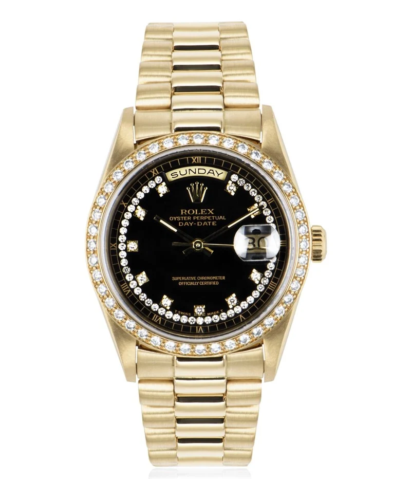 ROLEX DAY-DATE YELLOW GOLD STRING DIAL DIAMOND BEZEL 18348