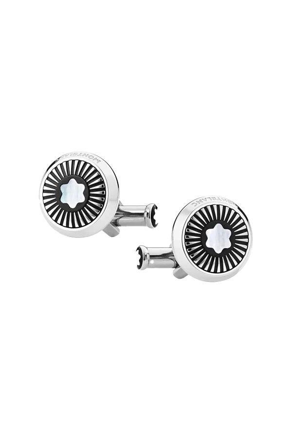Cufflinks, round in stainless steel with ray pattern and mother-of-pearl snowcap emblem