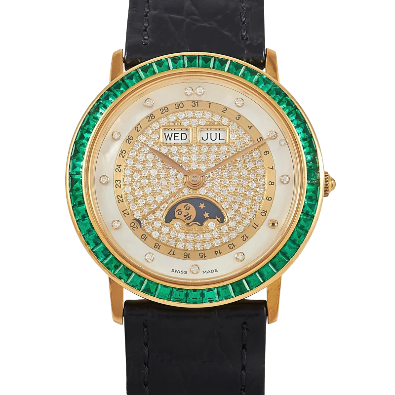 Blancpain Villeret, a yellow gold wristwatch with triple calendar, moon phase and emeralds