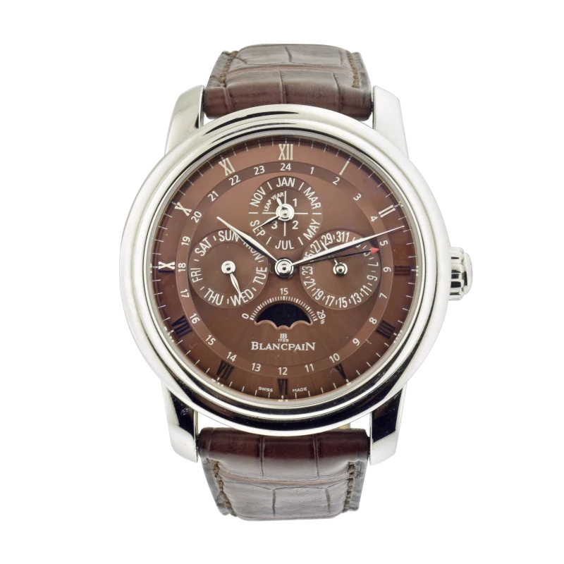 Blancpain Le Brassus Quantieme GMT Havana Reference Reference 4277-3446-55B, a platinum automatic wristwatch with GMT and perpetual calendar