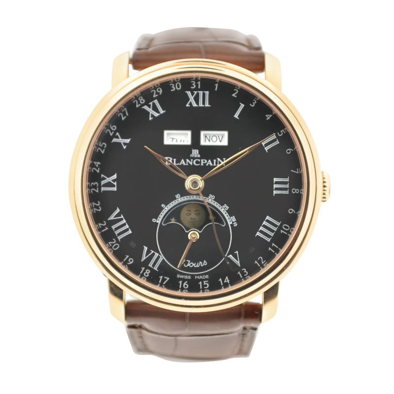 Blancpain Villeret Complete Calendar 8 Day Reference 6639-3637-55B, a rose gold automatic wristwatch with day date and moonphase