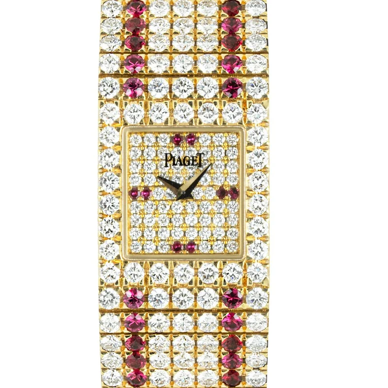 PIAGET FULLY LOADED VINTAGE WOMEN'S 18K YELLOW GOLD PAVE DIAMOND DIAL DIAMOND & RUBY SET 15301
