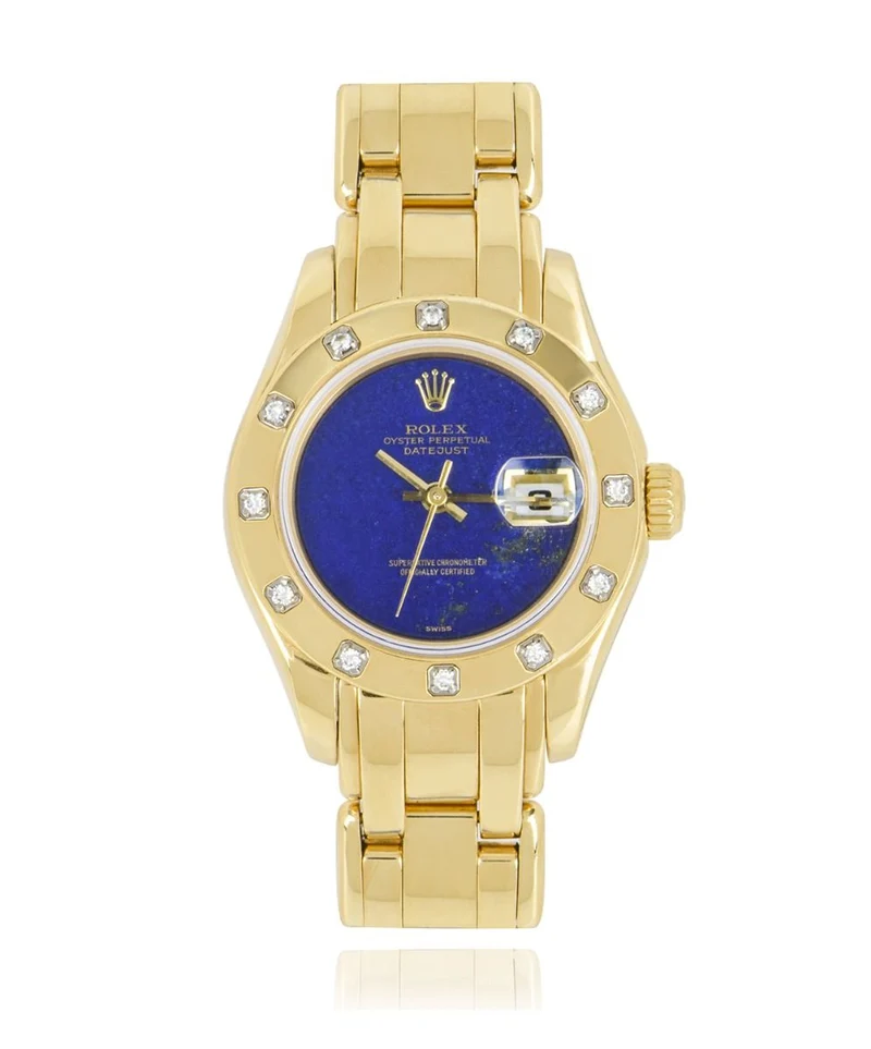 ROLEX PEARLMASTER DATEJUST WOMEN'S 18K YELLOW GOLD LAPIS LAZULI DIAL DIAMOND SET B&P 69318