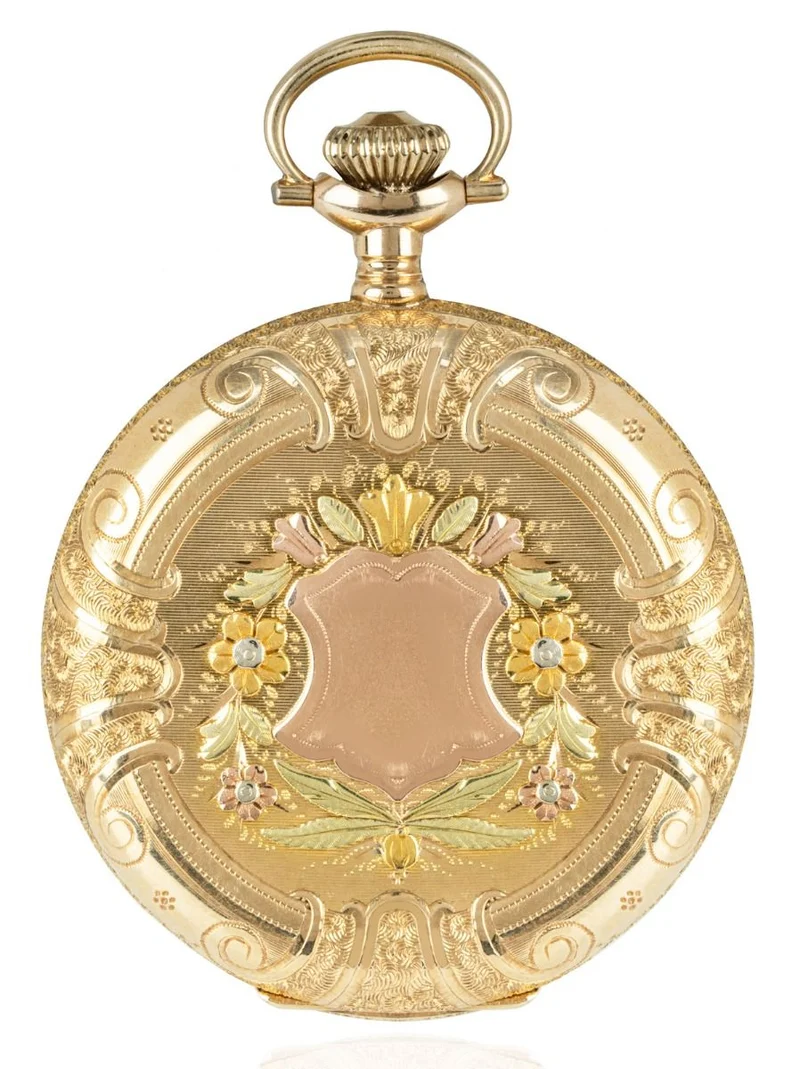 HAMPDEN WATCH COMPANY MULTI COLOURED GOLD KEYLESS LEVER FULL HUNTER POCKET WATCH C189