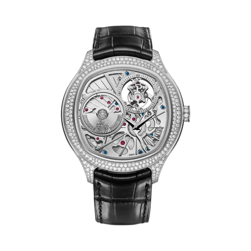 Piaget Polo Emperador tourbillon cushion-shaped watch, 46 mm. Case in 18K white gold set with 228 brilliant