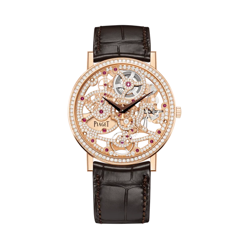 Altiplano Skeleton watch, 38 mm. Case in 18K rose gold set with 78 brilliant-cut diamonds