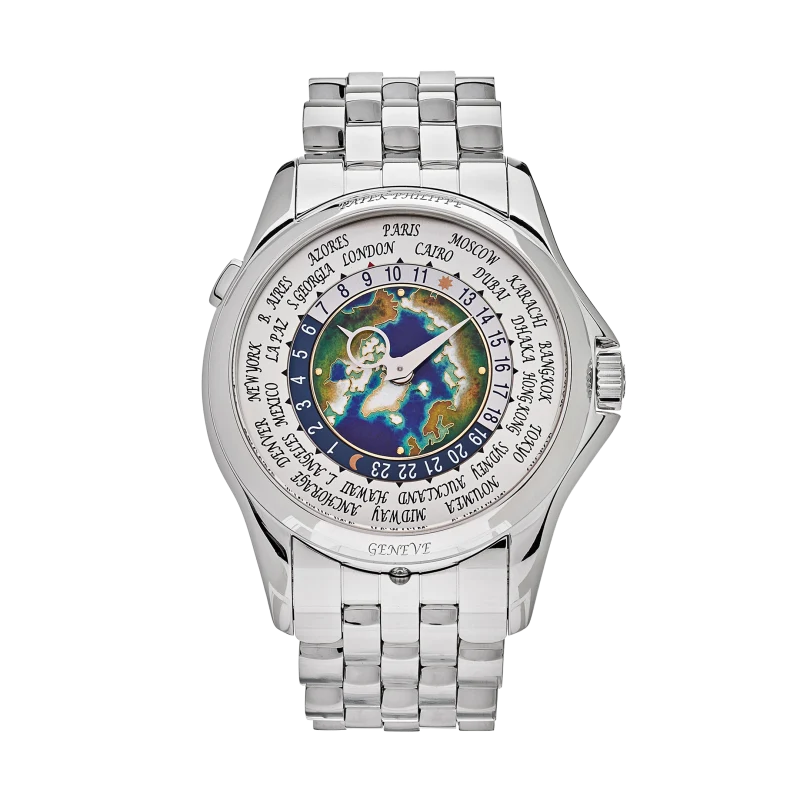 Patek Philippe World Time Reference 5131/1P, a platinum automatic wristwatch with world time and cloisonné enamel dia