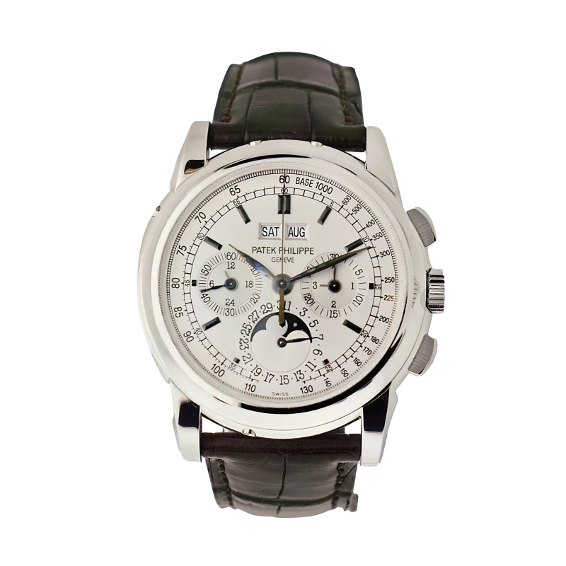 Patek Philippe Complications Reference 5970G, a white gold manual wind wristwatch with perpetual calendar and strap, Circa 2006