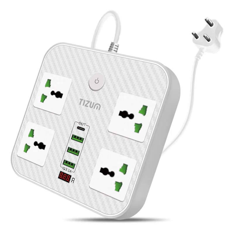 Tizum 3000W Power Converter, Fast Charging Extension Board/Cord with 4 Power Sockets, 1 QC/USB 3.1A, 1 PD Charger, 2 USB Ports, 2M Cord Length, Short Circuit Protection, 10Amp Power Outlet (White)