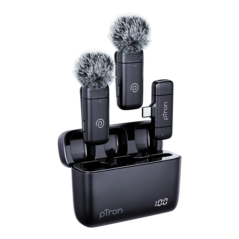 pTron KWM-2 Type C Wireless Microphone with Charging case w/Noise Cancellation, 48Hrs Battery, 20m Wireless Range, Collar Mic for DSLR/iPhone/Android, Vlog, Streaming/Zoom Meeting (Black)