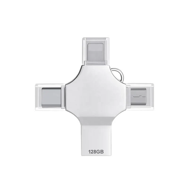 TECHNOVIEW Flash Drive 128GB 4 in 1 Pendrive with Light-ning, Micro USB, USB A, Type-C Interface Mini Hangable Pen Drive for iOS & Android Compatible with Phone, Pad, Android, PC and More Devices