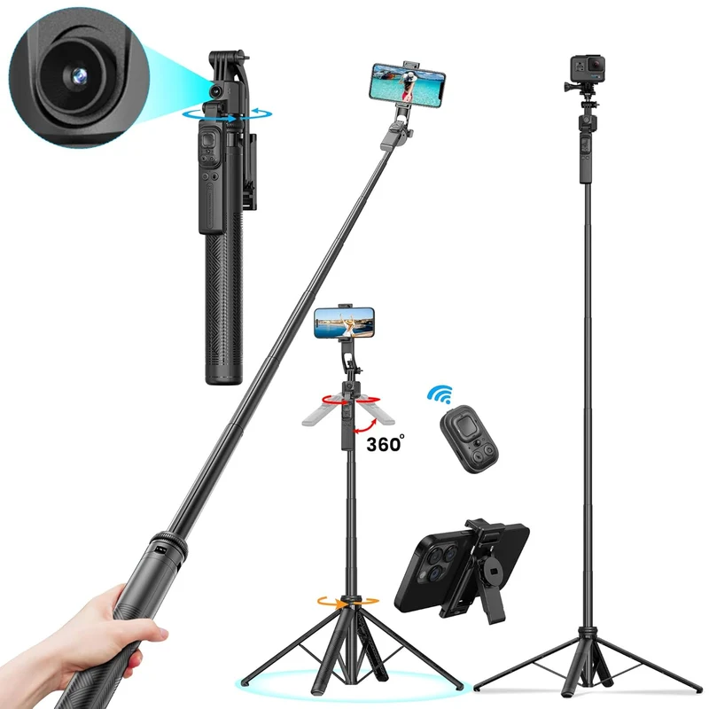 WeCool S8 AI-Powered Selfie Stick for Mobile, Auto Face Tracking Tripod with 360° Auto Rotating Selfie Stick, 64-inch/163 cm Long Aluminum Extension for Mobile & Camera with Quad-Leg Stability