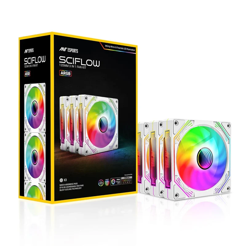 Ant Esports Sciflow 120mm 3 IN 1 ARGB Case Fan Kit - White, RGB Controller, Remote Controller, PWM Control, 1500 RPM, 65.4 CFM Airflow