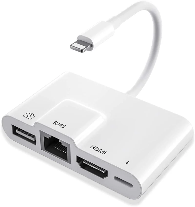 Cezo MFI Certified RJ45 Ethernet Adapter 4 in 1 OTG HDMI Adapter 1080P HD Network LAN Wired OTG USB Data Sync Charging Card Reader Compatible with iPhone/iPad/TV/Monitor/Projector/Keyboard