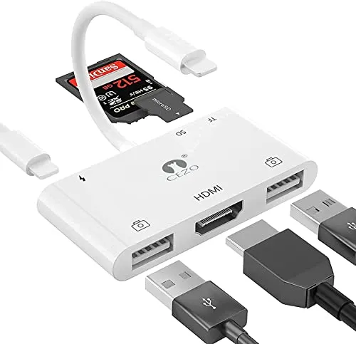 CEZO MFI Certified Dual USB Camera Adapter/Digital AV Adapter HDMI 1080P / SD Card Reader 6 in 1 OTG for iPhone iPad, Support MIDI Keyboard, Mouse, HD TV/Projector/Monitor, Plug and Play