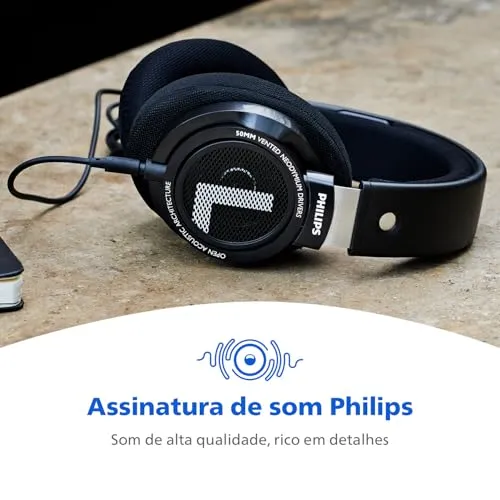 PHILIPS SHP9500 Over-Ear Headphones, HiFi Stereo, 50mm Neodymium Drivers, 101 dB, Breathable Ear Cushion, Steel Headband, Detachable 1.5m Cable, Gold-Plated 3.5mm Jack, Double Layered Cushion (Black)