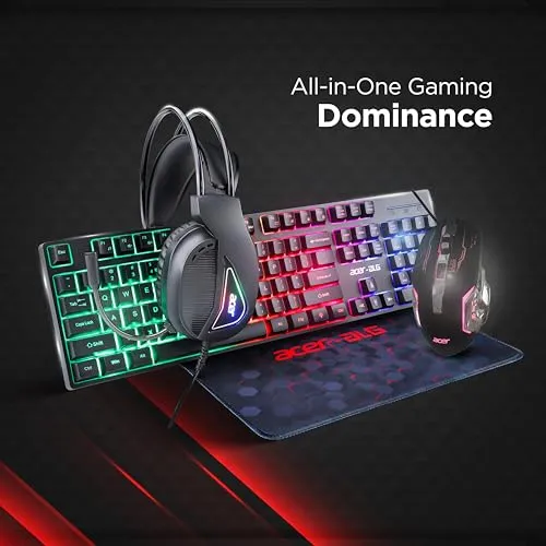 Acer 3 in 1 Wired Gaming Combo, 7 Color LED Backlit Keyboard, Premium Gaming Headset (50mm Driver, 120dB) with Mixed Light Effect, Fabric Weave Mousepad (Black) (Without Mouse)