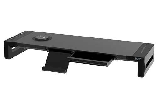 Acer FusionBase Monitor & Laptop Stand | Foldable ABS + Metal Build | USB Fast Charging 1x Type-C & 1x Type A + 3×Data Ports incl. USB 3.0 | 15W Wireless Charger | Mobile Phone Holder, Drawer | Black