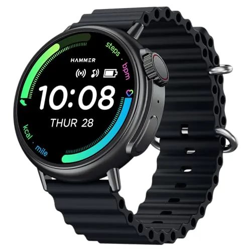 HAMMER Active 3.0 1.39" Round Calling Smart Watch for Men, Always On Display, Health Monitor, AI Voice Assistant, IP67 (Black Ocean Wave)