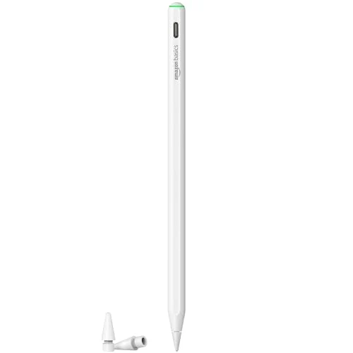 Amazon Basics Stylus Pen for iPad with Magnetic Wireless Charging, Palm Rejection, Apple Pencil Compatible with iPad Pro 11 in 1/2/3/4, iPad Pro 12.9 in 3/4/5/6, iPad Air 4/5, iPad mini 6 (White)