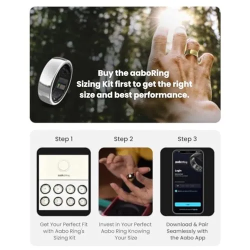 aaboRing, Health & Fitness Tracker Smart Ring, Advance Sleep Monitoring, Stress & Activity Tracking, Titanium, IP68 Waterproof (US Size No 13, Wireless Stellar Silver)