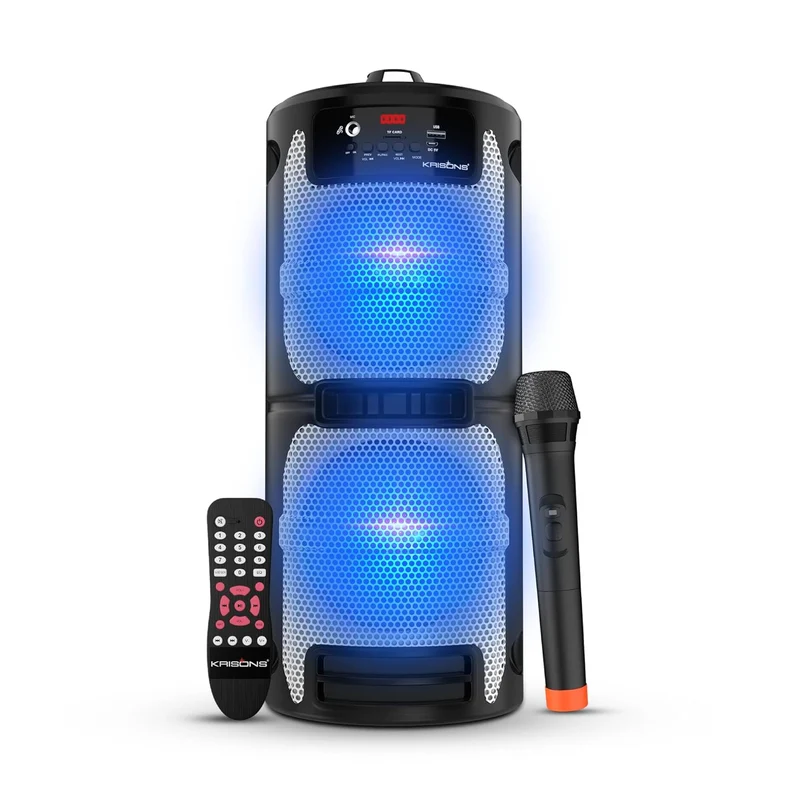 Krisons Cylender 222-50W Portable Speaker with 6" Double Woofers,Free Wireless Mic for Karaoke, RGB Lights, Remote Control with Bluetooth, FM, USB, Micro SD Card Connectivity