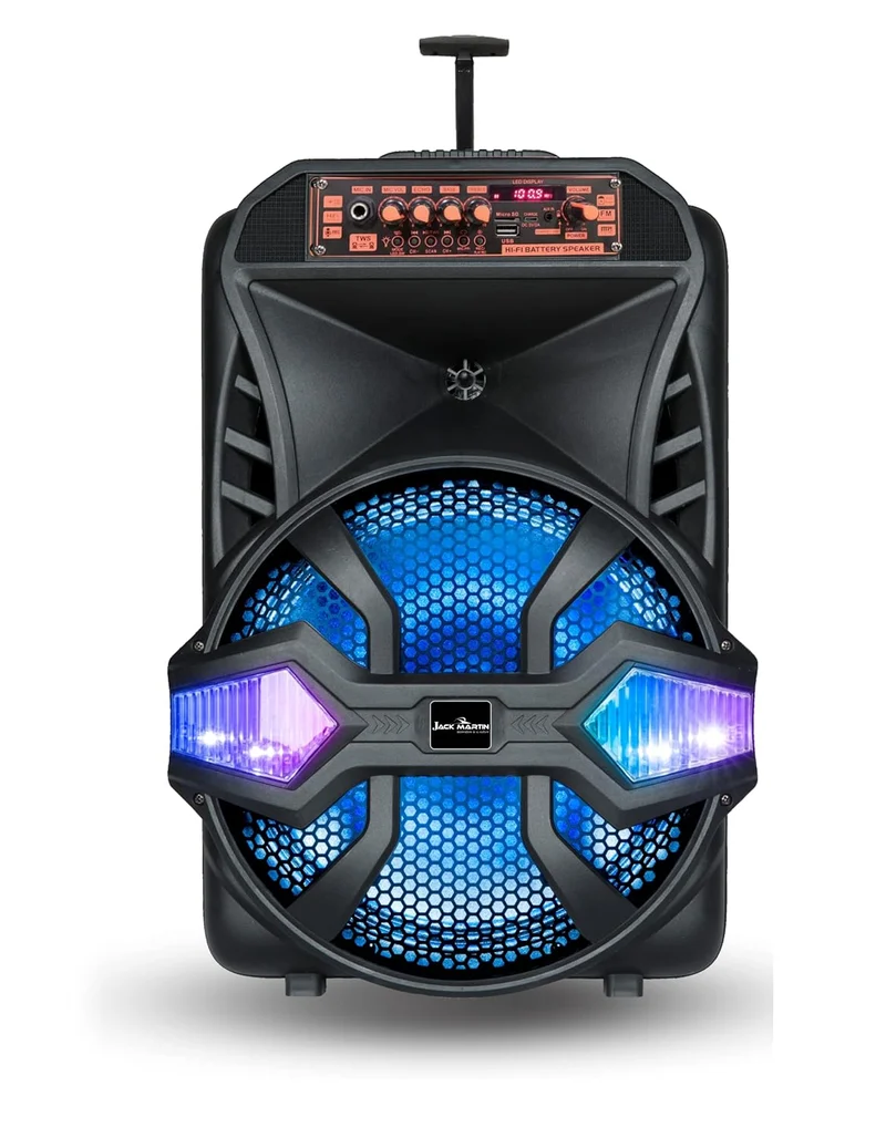 JACK MARTIN Super 12 | 12" SUBWOOFER |Karaoke| Portable| AUX FM USB| RGB Lights| RMS 55 W Bluetooth Party Speaker (Black, Stereo Channel)
