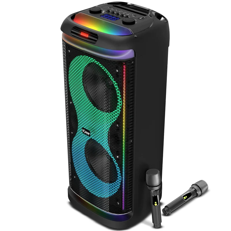 iGear X-Bass 160 Ultimate 160W Portable Bluetooth Party Speaker with Dual Bass Radiators, 2 Wireless Karaoke Mics, Mesmerizing RGB Lights, TWS Mode, USB, TF/SD Card & AUX Input, Remote Control - Black