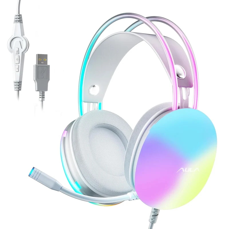 AULA S505 USB Wired Gaming in Ear Headphones with Mic for PC | RGB Rainbow Backlit Gaming Headphone,Virtual 7.1 Surround Sound,50mm Driver,Soft Memory Earmuffs | Wired Laptop Desktop Headset (Green)