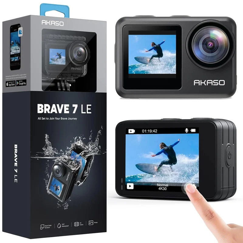 AKASO Brave 7 LE 4K30FPS 20MP WiFi Action Camera with Touch Screen Vlog Camera EIS 2.0 Remote Control 131 Feet Underwater Camera with 2X 1350mAh Batteries (USED)