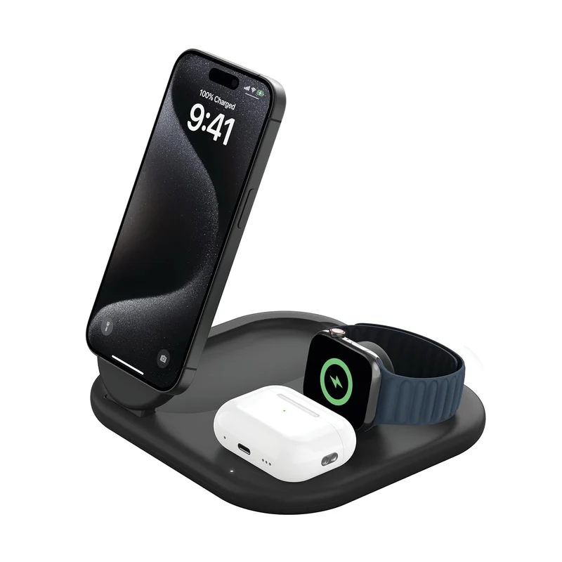 Belkin MagSafe Qi2 Wireless Charger | 3-in-1 Magnetic Foldable Charger with 15W | Fast Charger for iPhone 16, 15, Apple Watch, AirPods with Non-Slip Base | PSU Included | 36W Charger Included